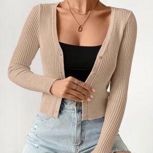 Cider Beige Ribbed Cardigan with Gold Buttons